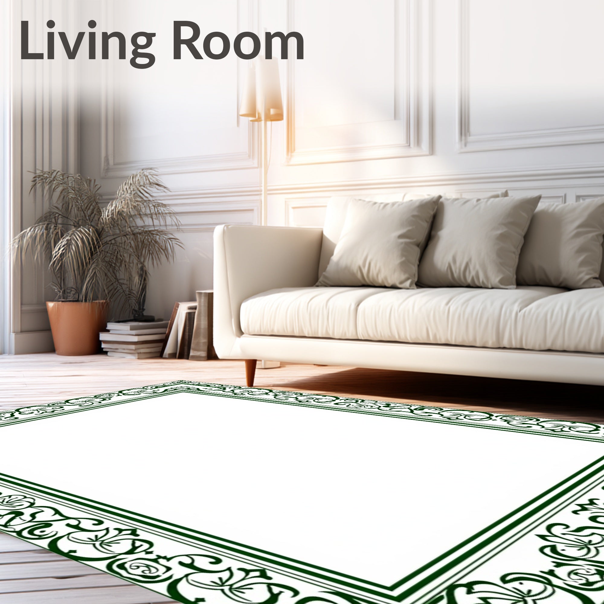 Dark Green Botanical Scroll Frame Rug