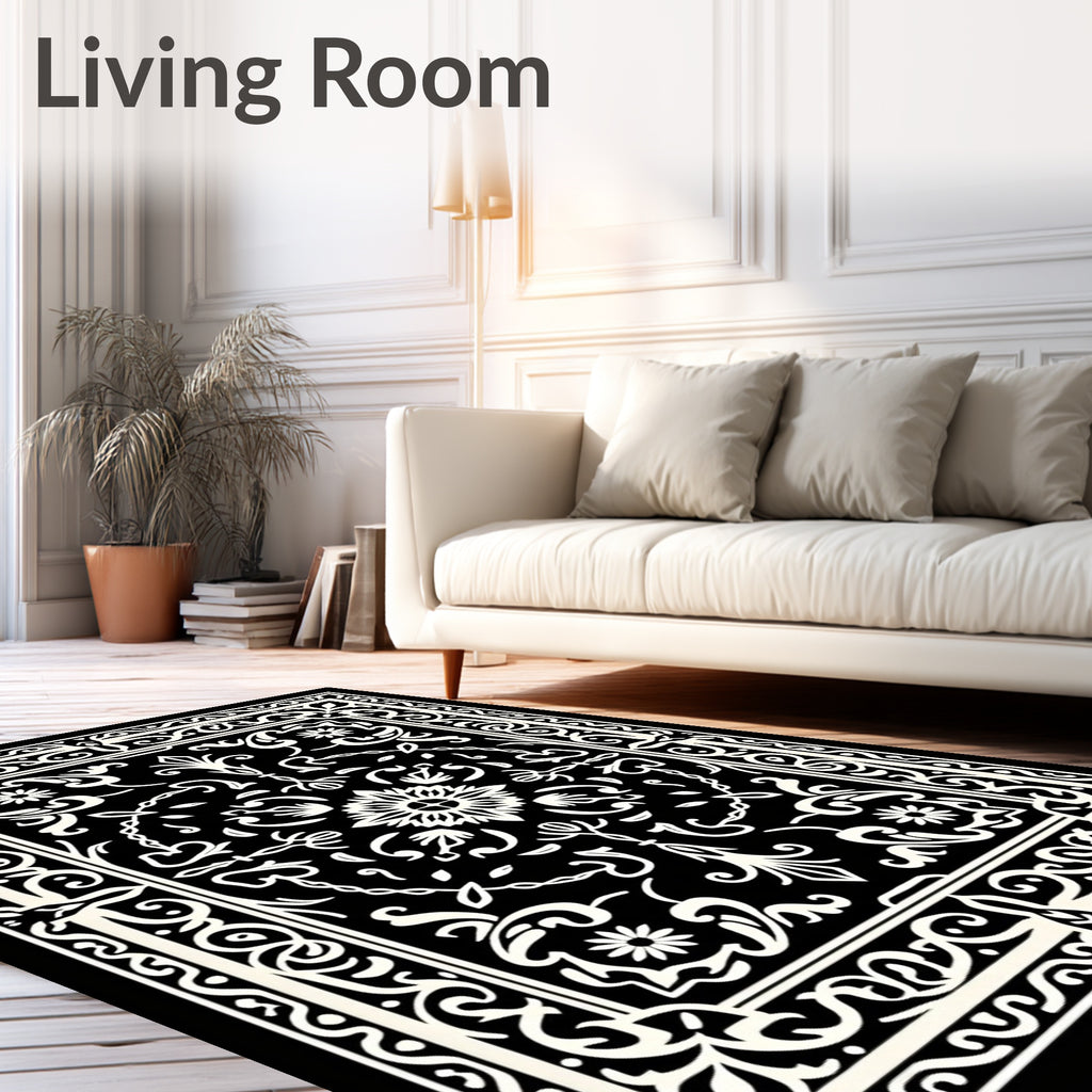 Intricate Black White Floral Motif Rug