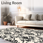 Classic Black Damask Floral Pattern Rug