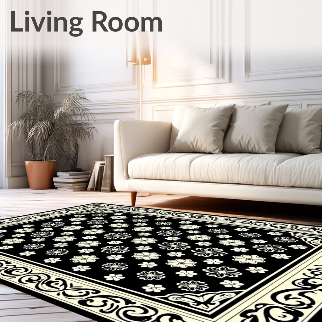 Elegant Black Floral Border Design Rug