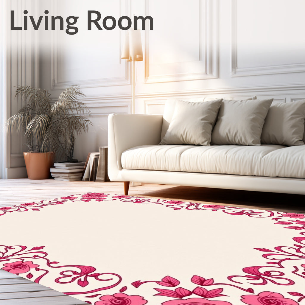Pink Floral Scrollwork Border Rug