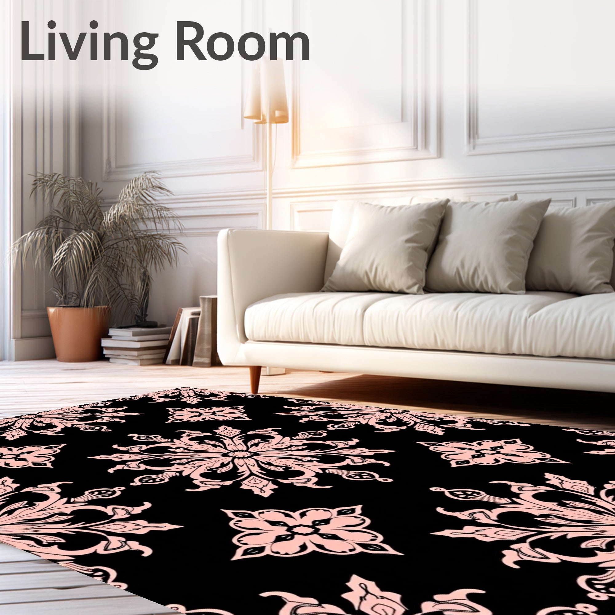 Damask Floral Black And Pink Design Rug