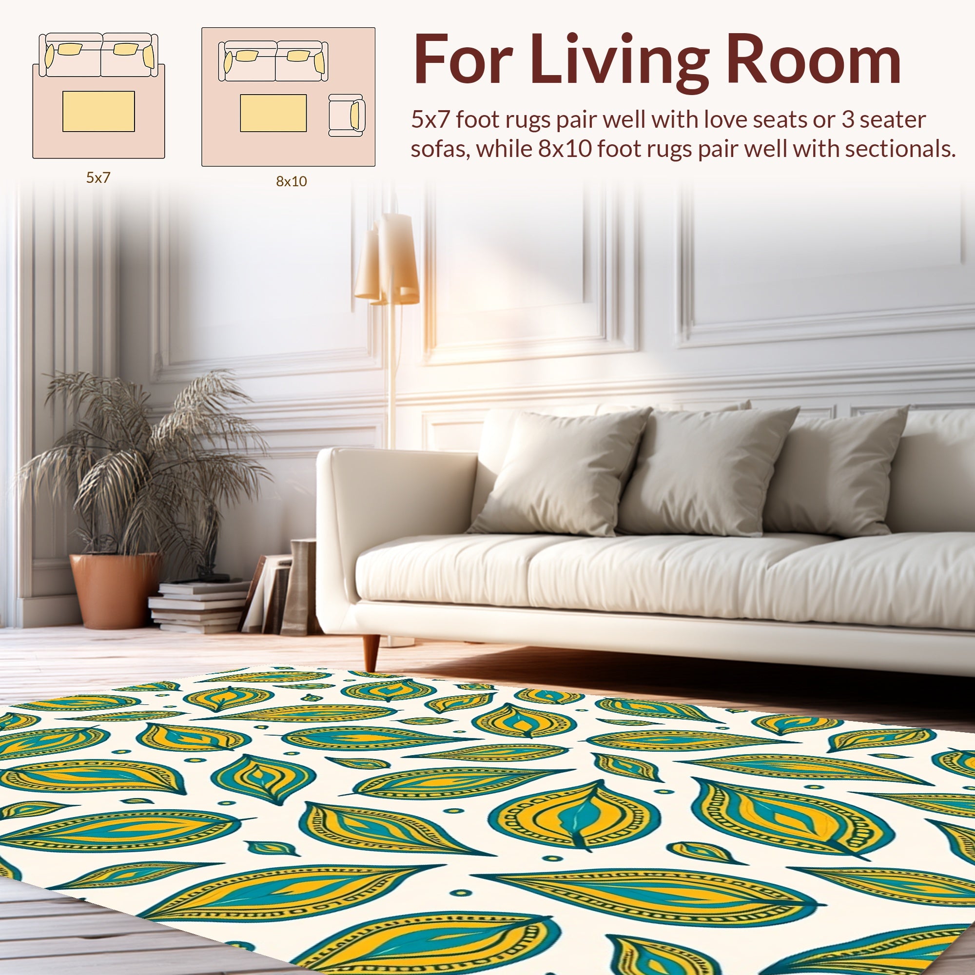 Turquoise Yellow Leaf Pattern Design Rug