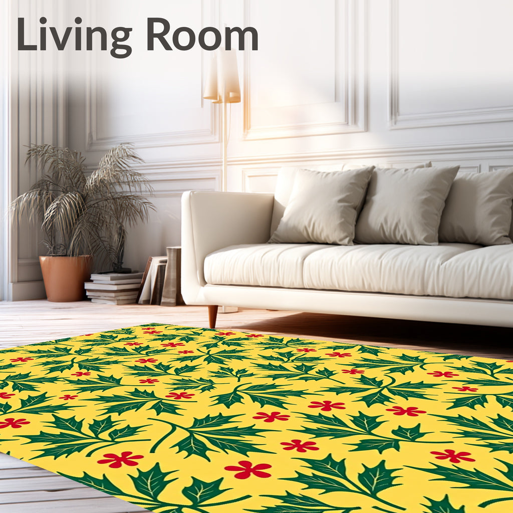 Green Leaf Red Flower Pattern Rug