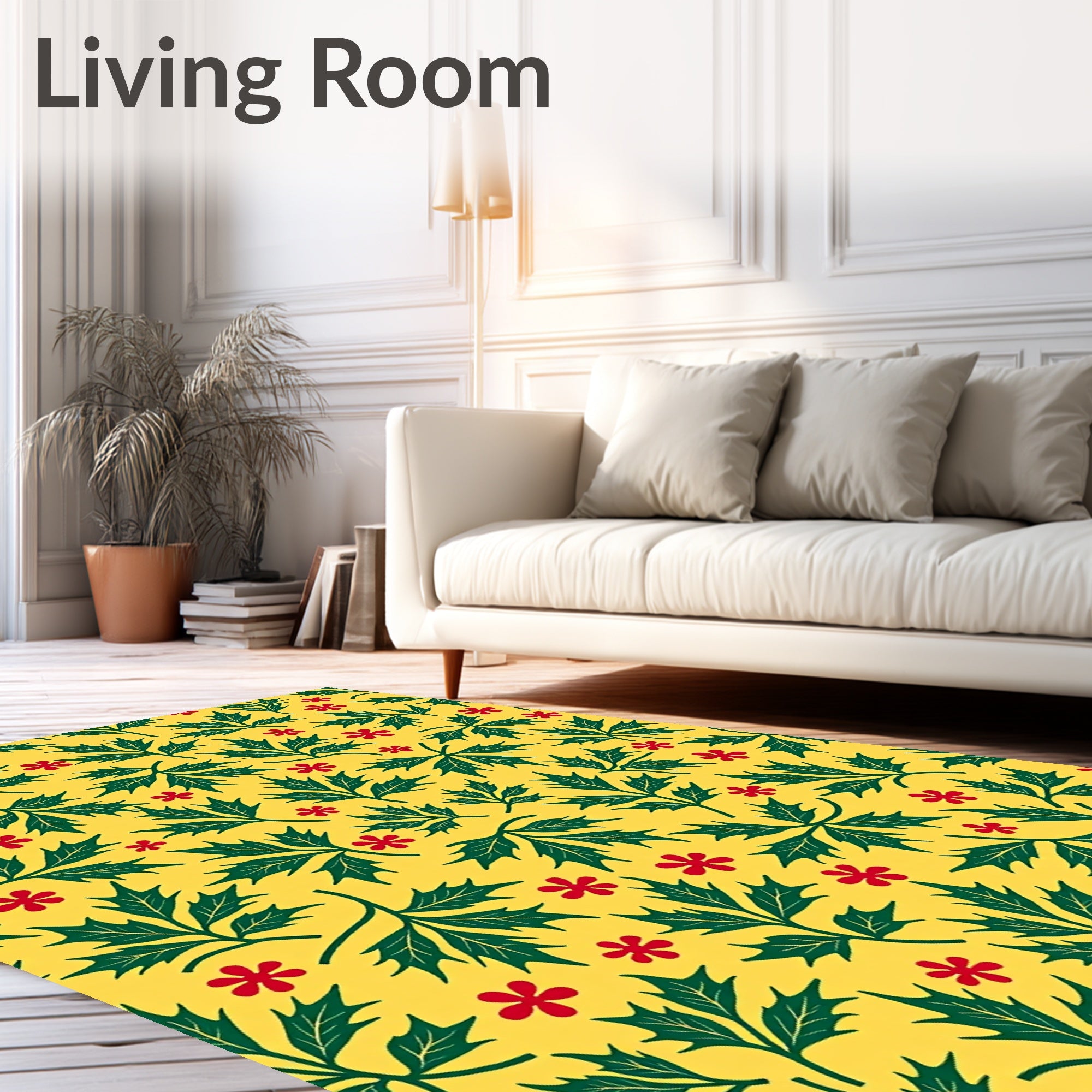 Green Leaf Red Flower Pattern Rug