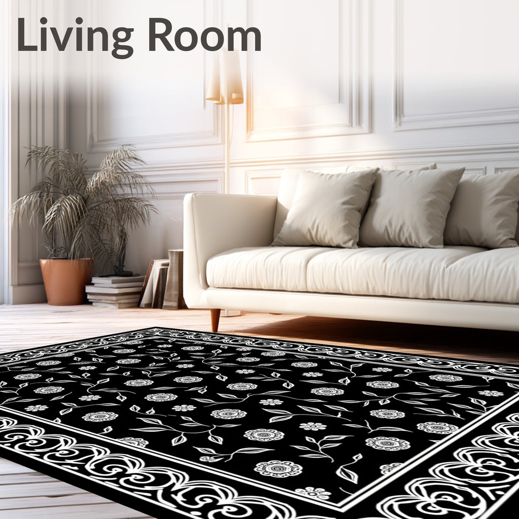 Floral Vine Border with Black Background Rug