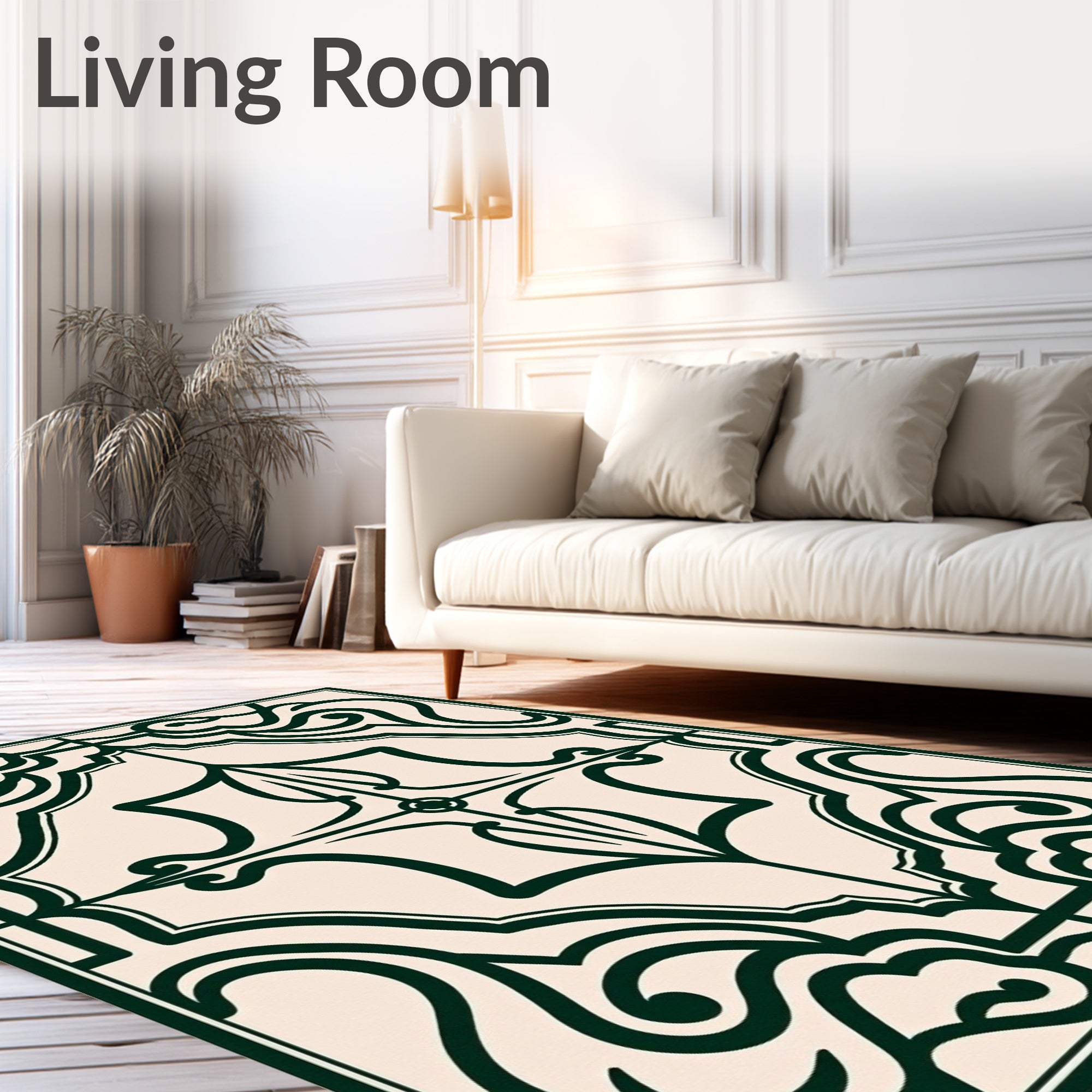 Classic Dark Green Nouveau Scroll Pattern Rug