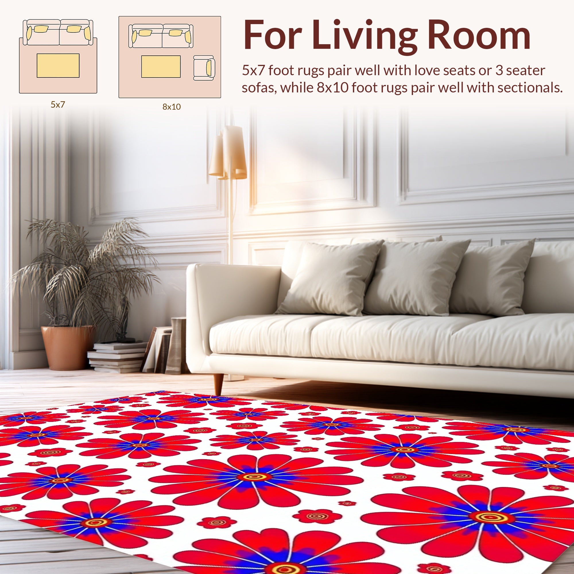 Bright Red Blue Daisy Floral Pattern Rug