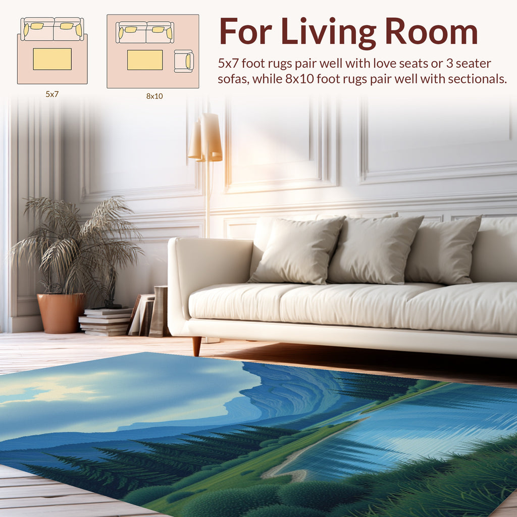 Serene Mountain Valley River Scene Rug