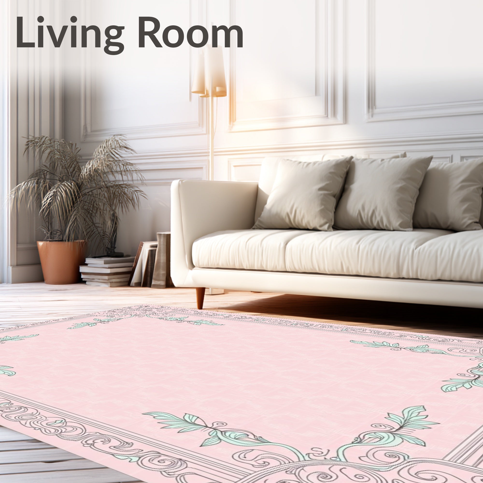Pastel Pink Ornate Floral Frame Rug