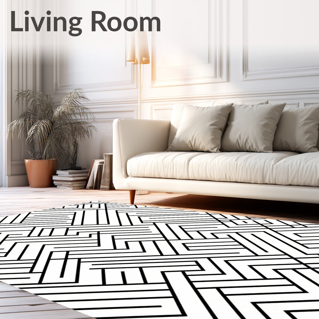 Modern Black White Geometric Lines Rug