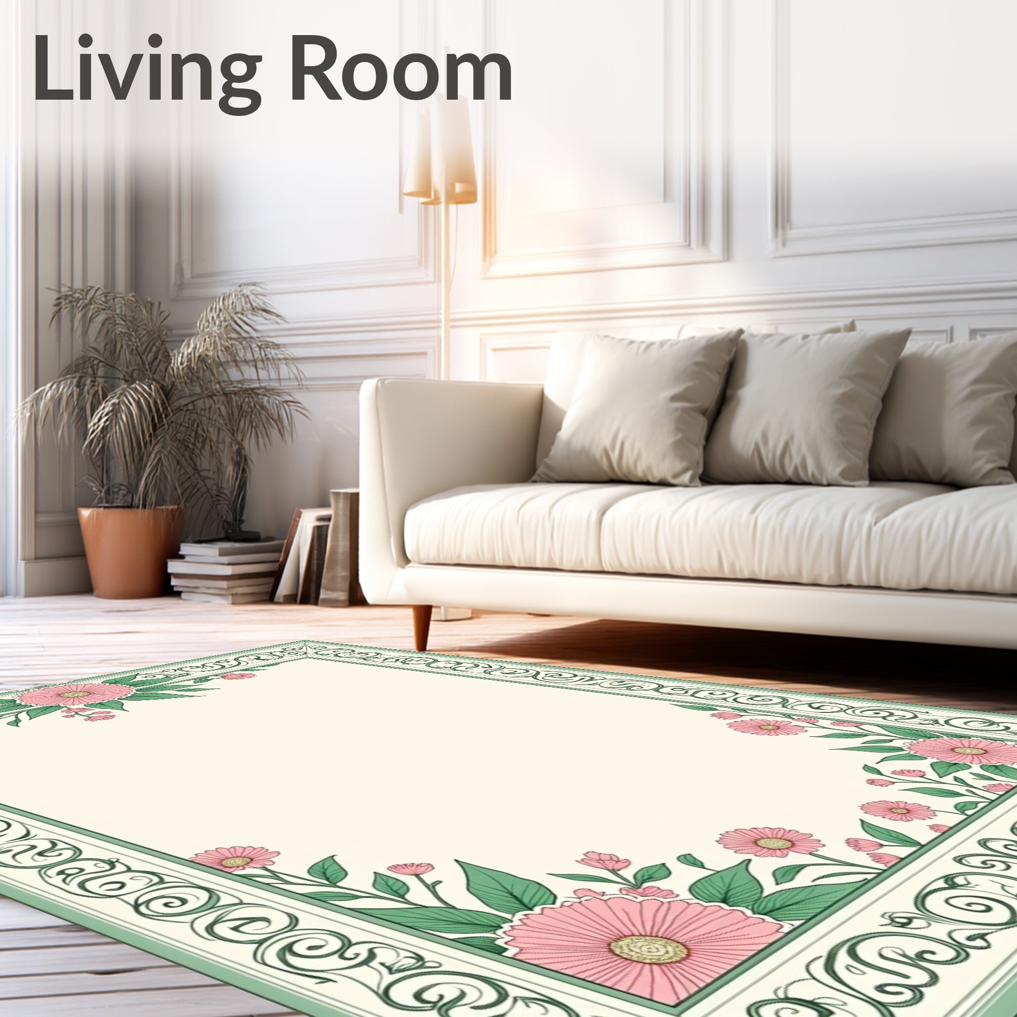 Green Floral Swirl Border Design Rug