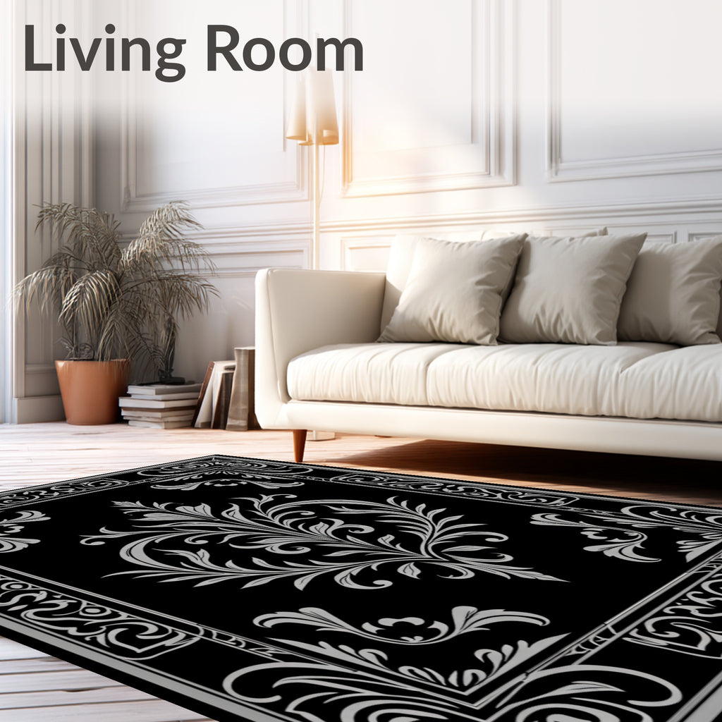 Ornate Black White Floral Damask Rug