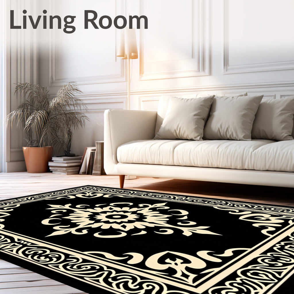 Ornate Black and Cream Floral Medallion Rug