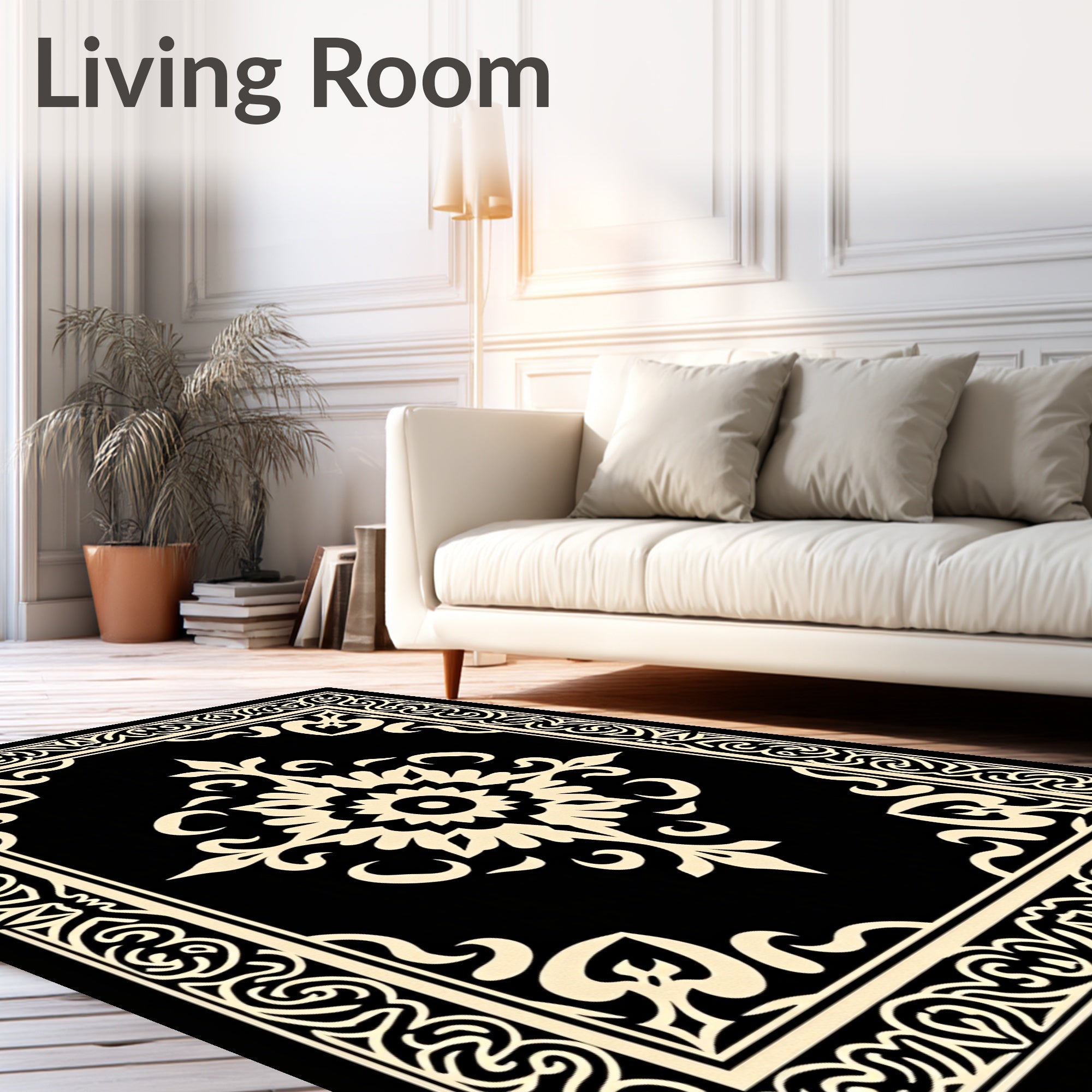 Ornate Black and Cream Floral Medallion Rug