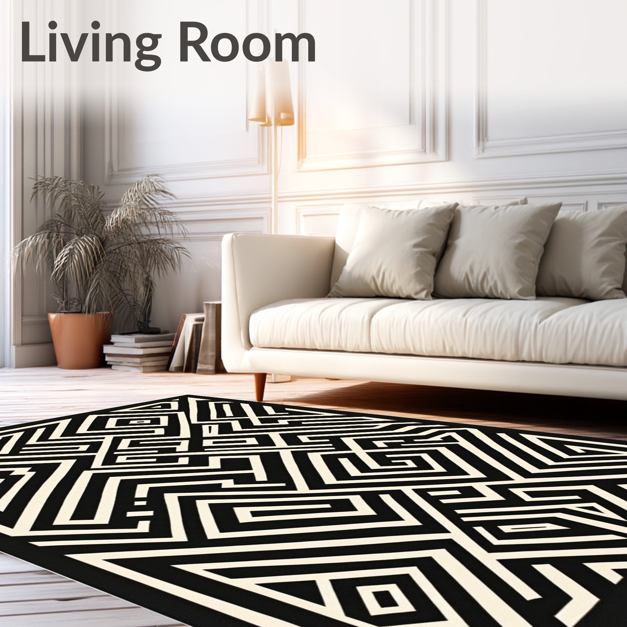 Bold Black White Geometric Maze Rug