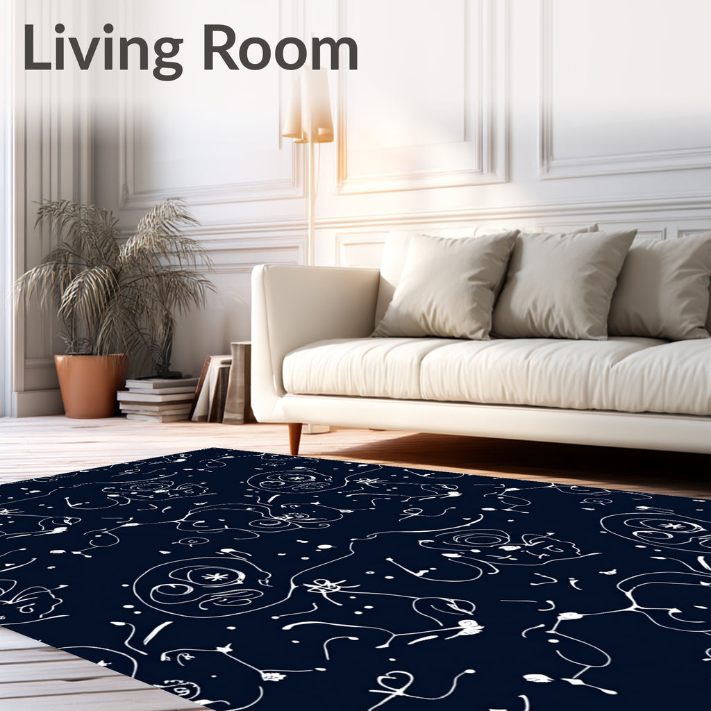 Dark Blue White Sketchy Character Pattern Rug