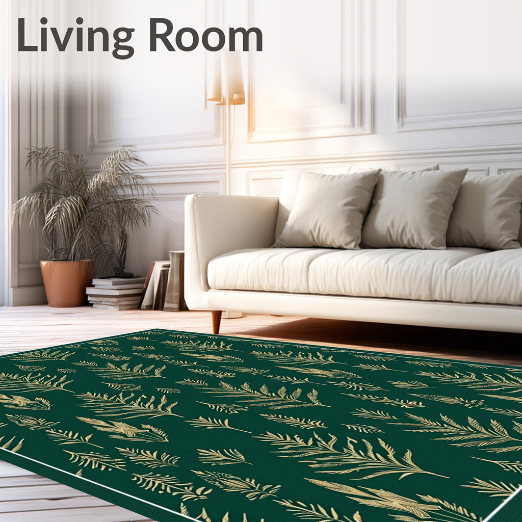 Deep Green Gold Leaf Pattern Rug