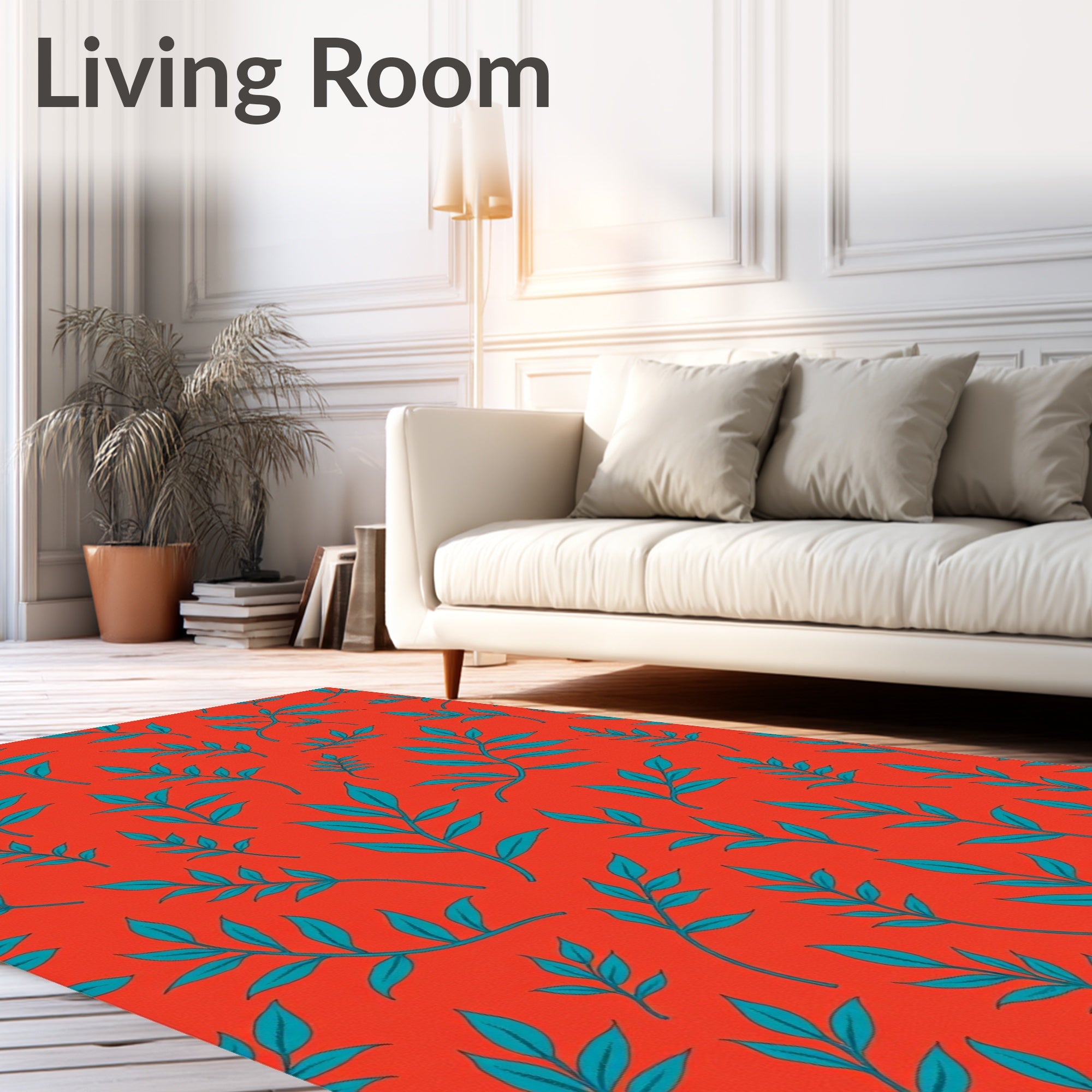 Vibrant Teal Leaf Patterned Rug