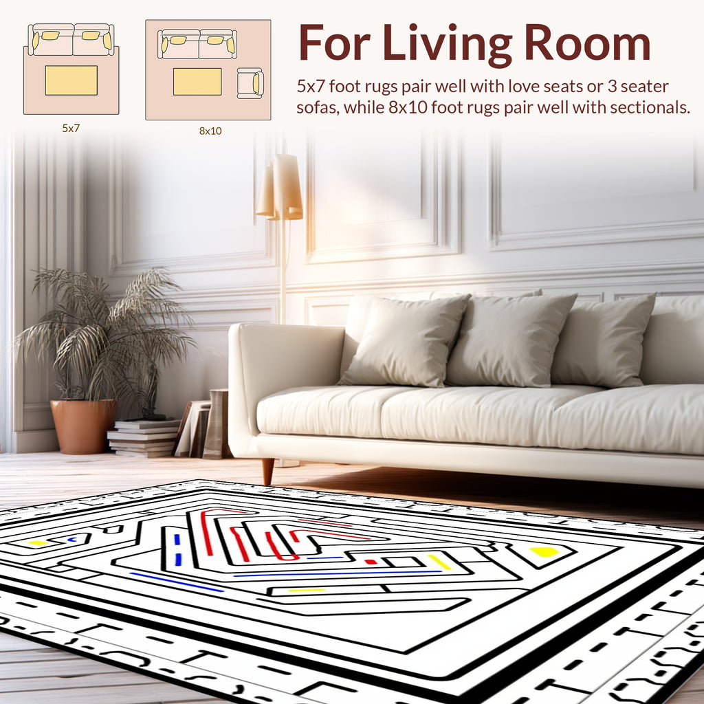 Geometric Maze with Red Blue Accents Rug