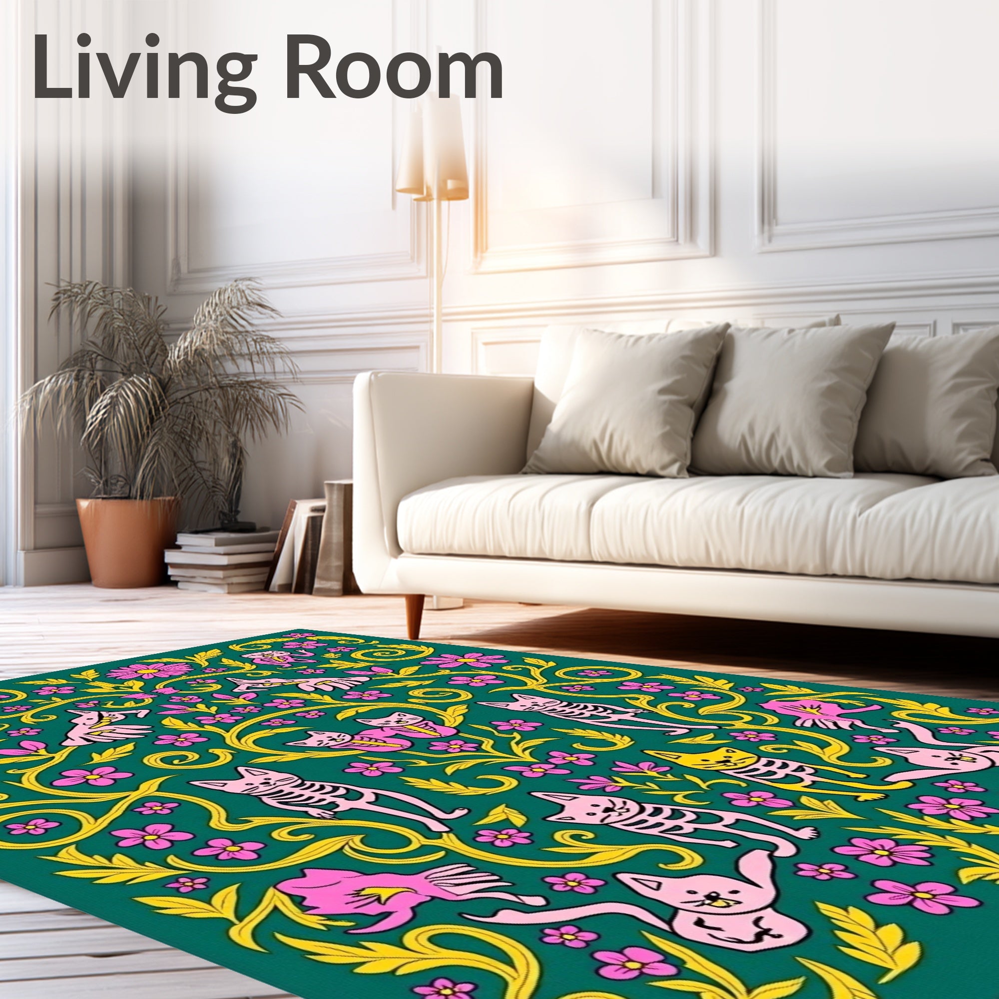 Whimsical Floral Skeleton Cats Design Rug