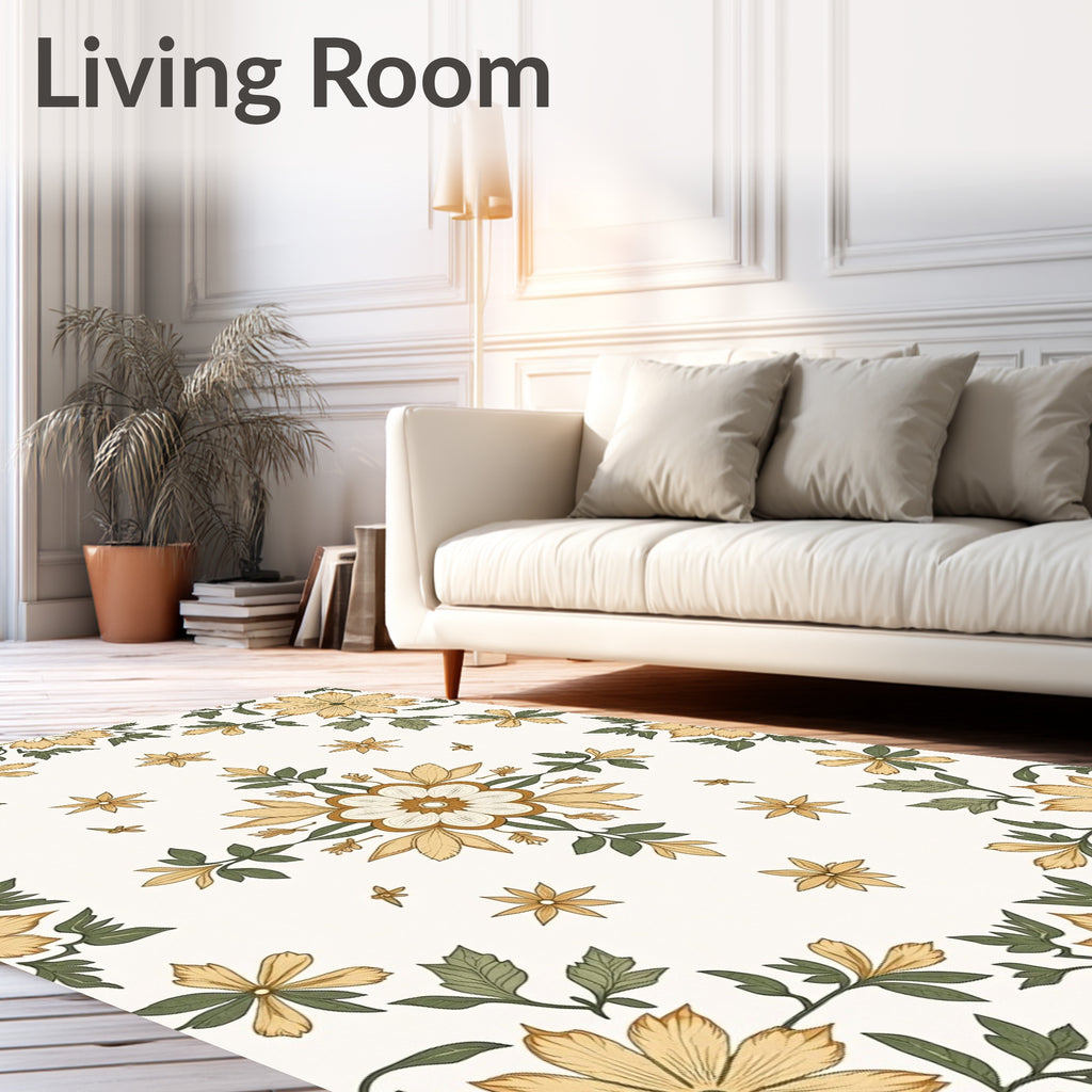 Golden Floral Botanical Medallion Design Rug