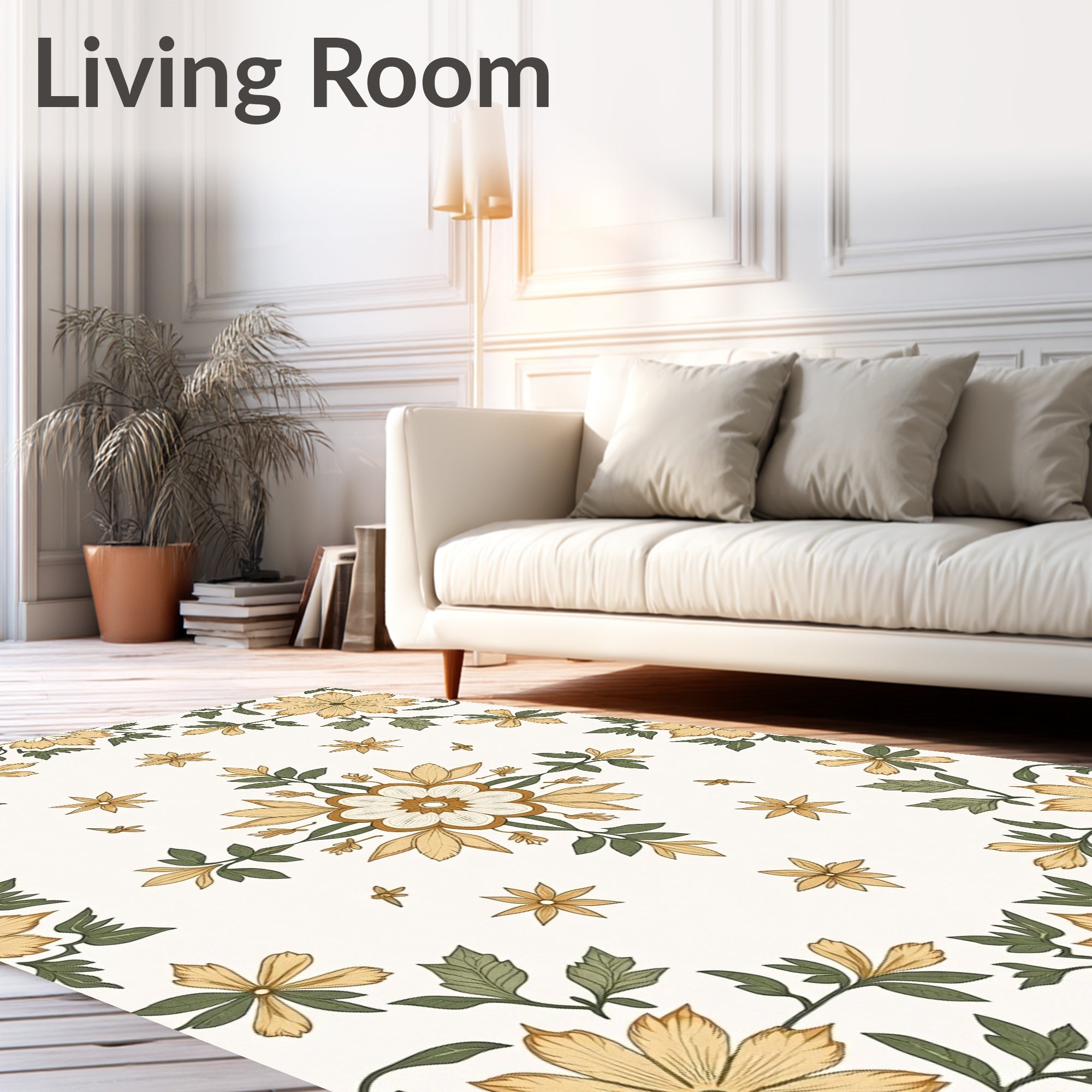 Golden Floral Botanical Medallion Design Rug