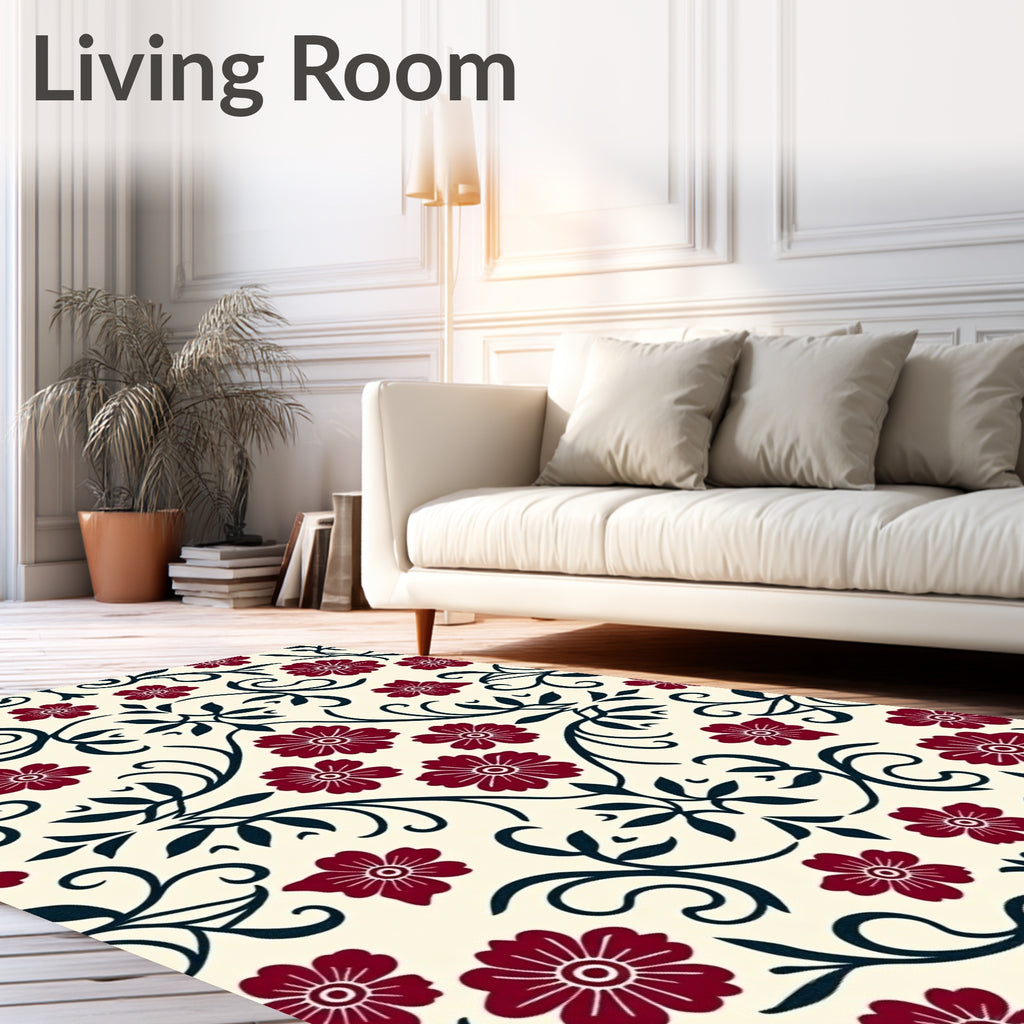 Dark Red Floral Scroll Pattern Rug