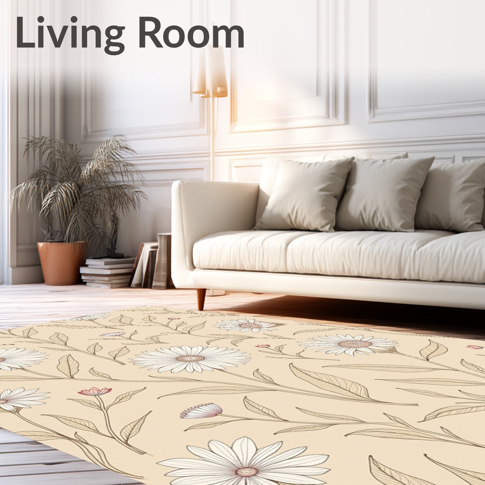 Neutral Daisy Floral Botanical Pattern Rug