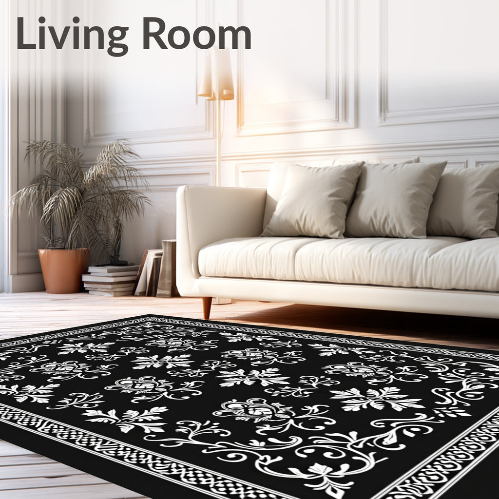 Classic Black White Floral Damask Pattern Rug