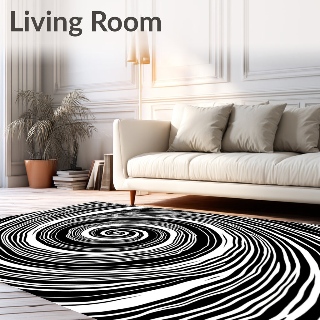 Black White Dynamic Swirl Pattern Rug