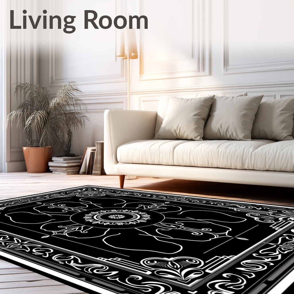 Classic Black White Floral Pattern Rug