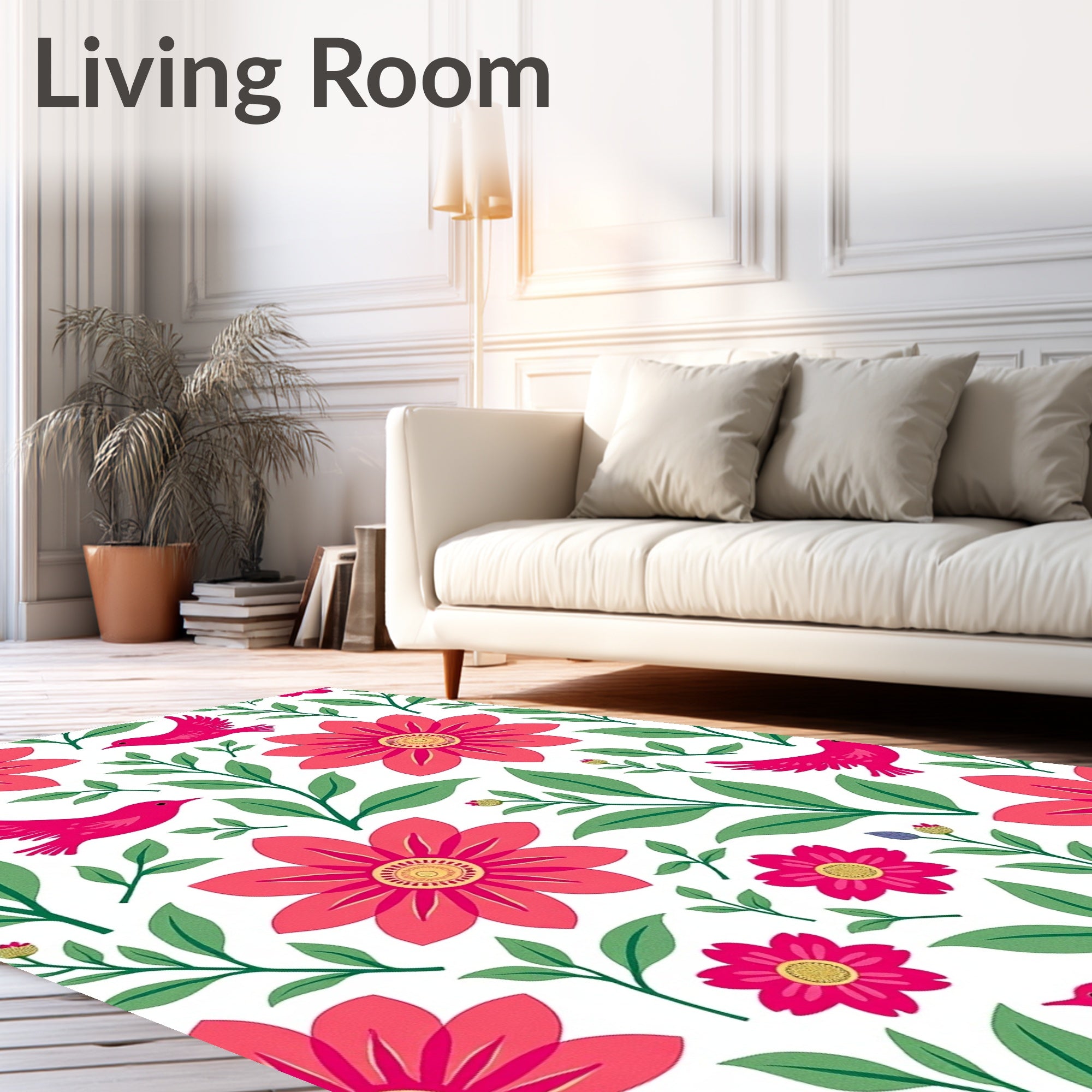 Whimsical Birds and Bold Floral Pattern Rug