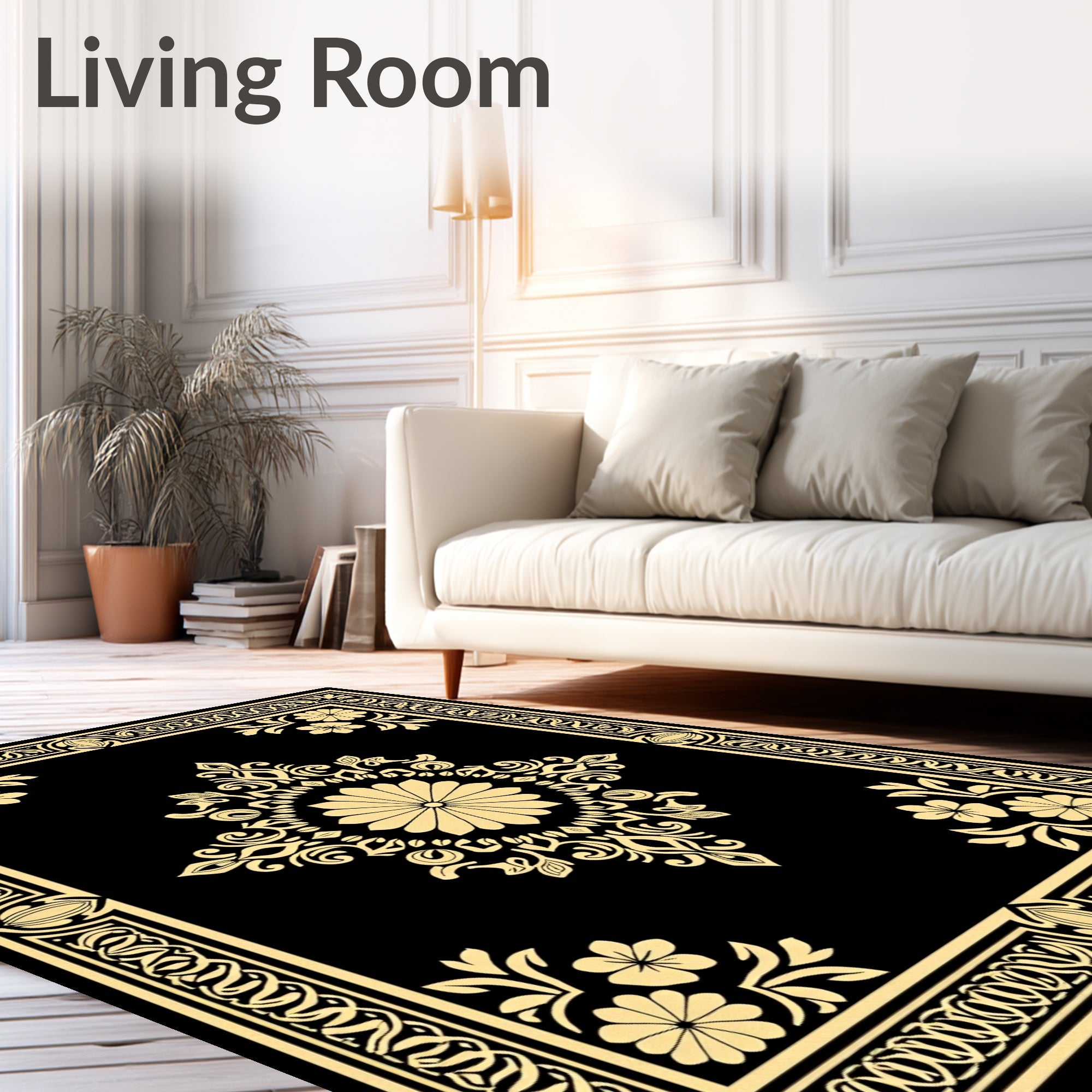 Gold Floral Damask Pattern Traditional Rug
