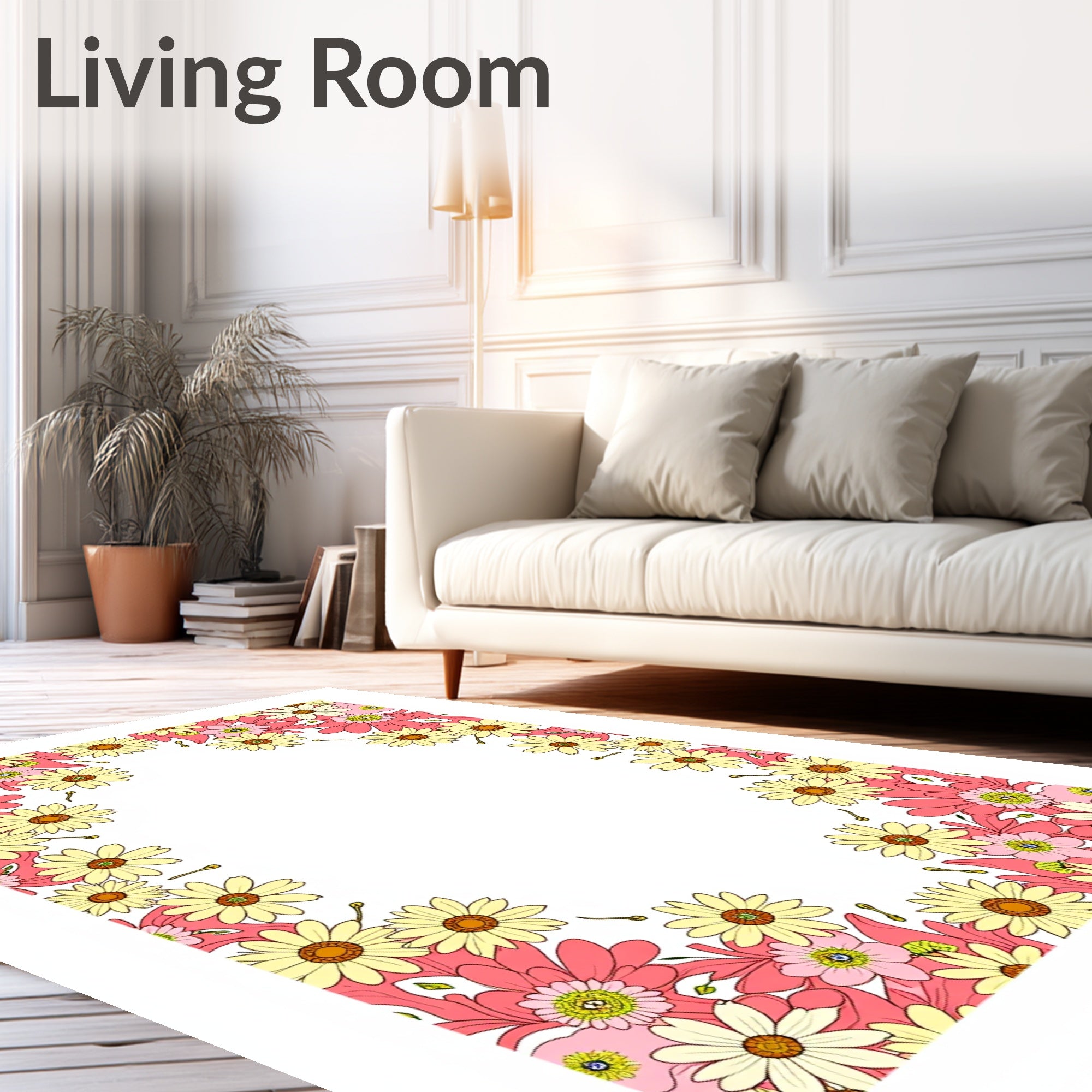 Pink Yellow Daisy Floral Frame Rug