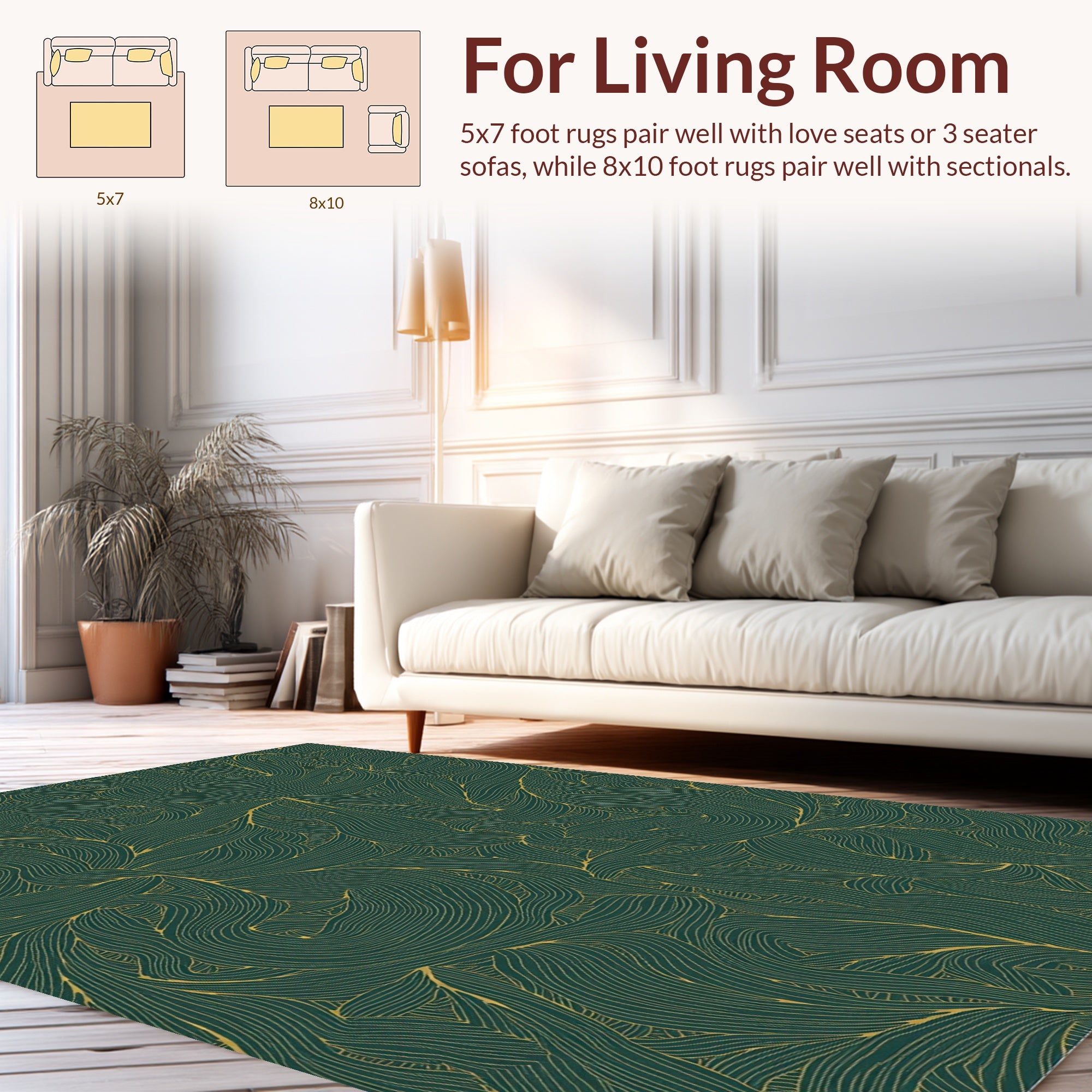 Emerald Gold Leaf Line Art Rug