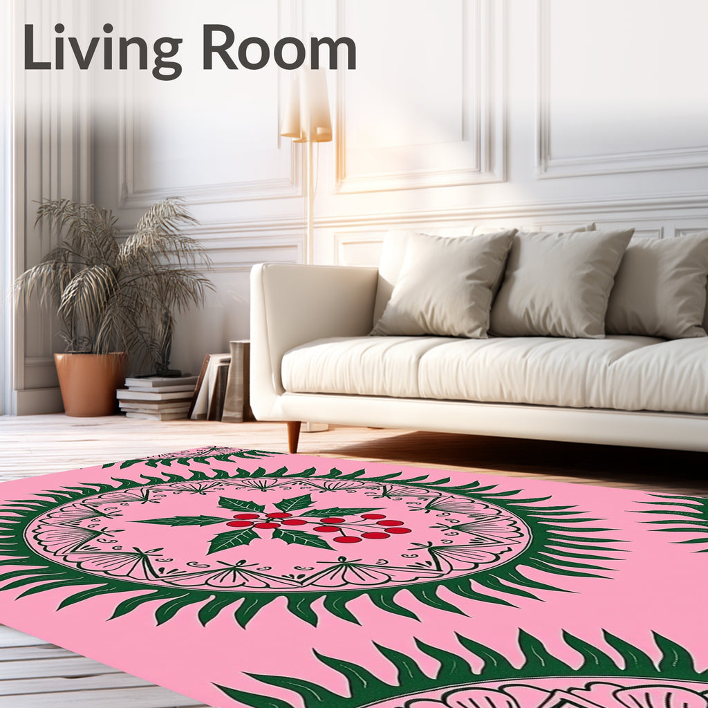 Pink Teal Leaf Mandala Pattern Rug