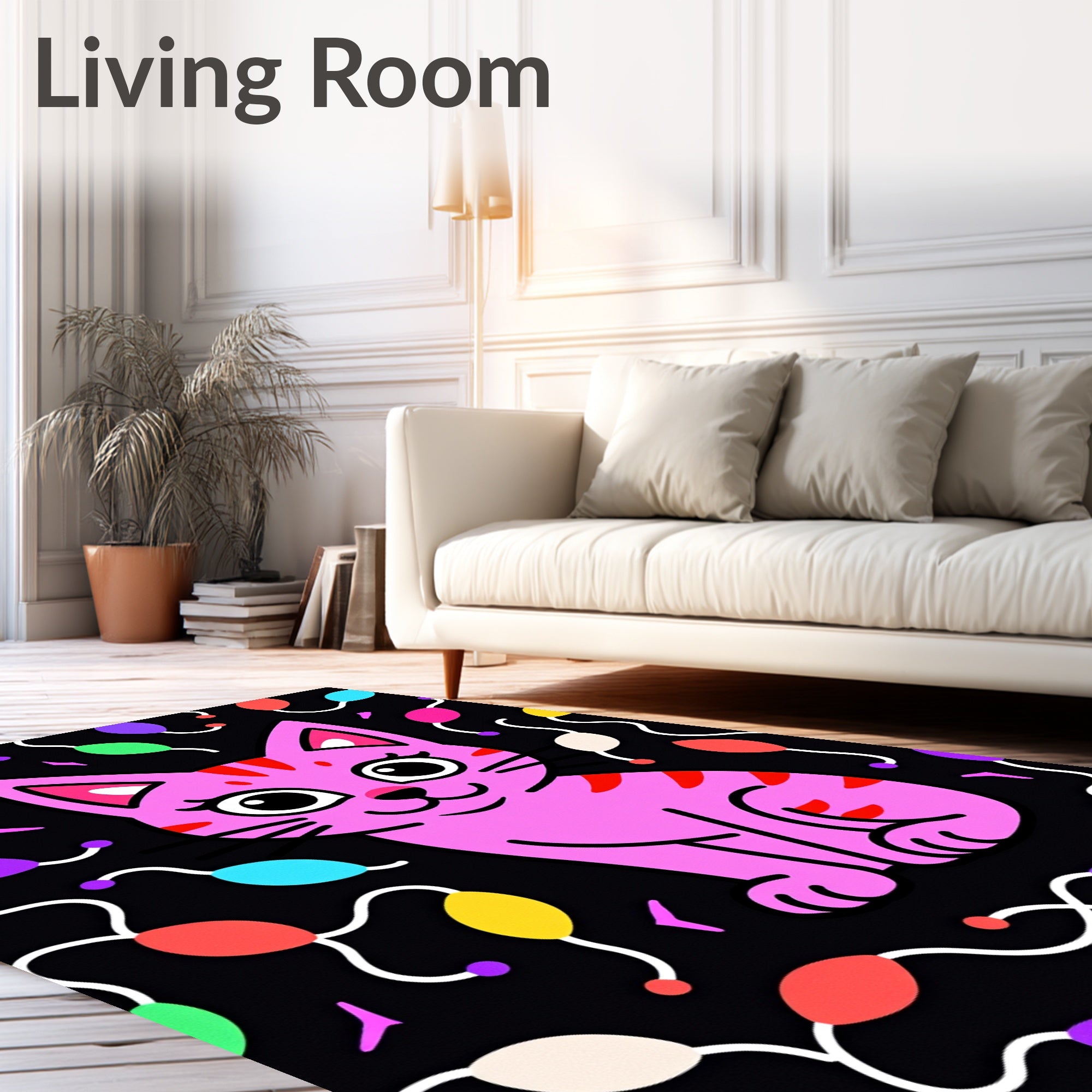 Pink Cat With Colorful Festive Lights Rug