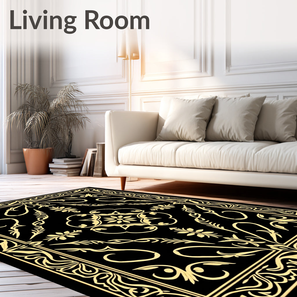 Elegant Black Gold Floral Pattern Rug