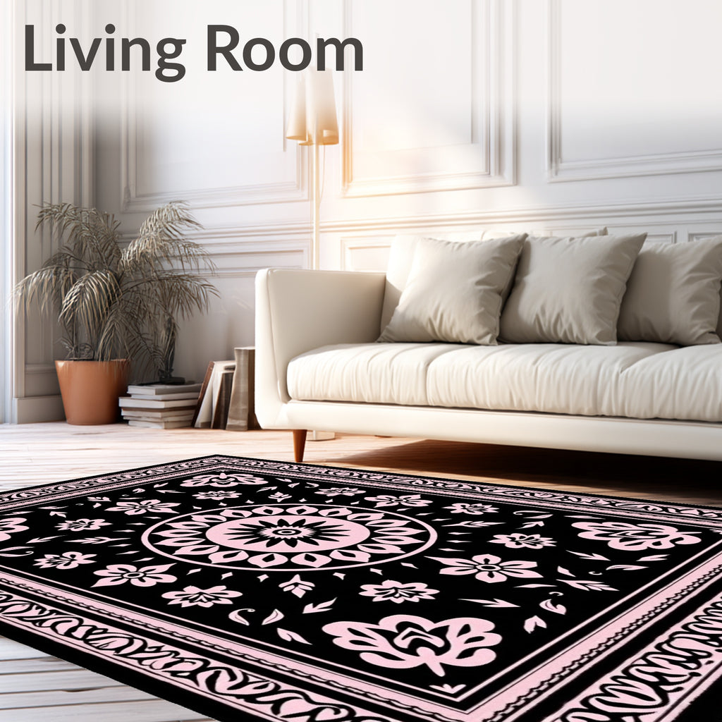 Black Blush Floral Medallion Border Rug