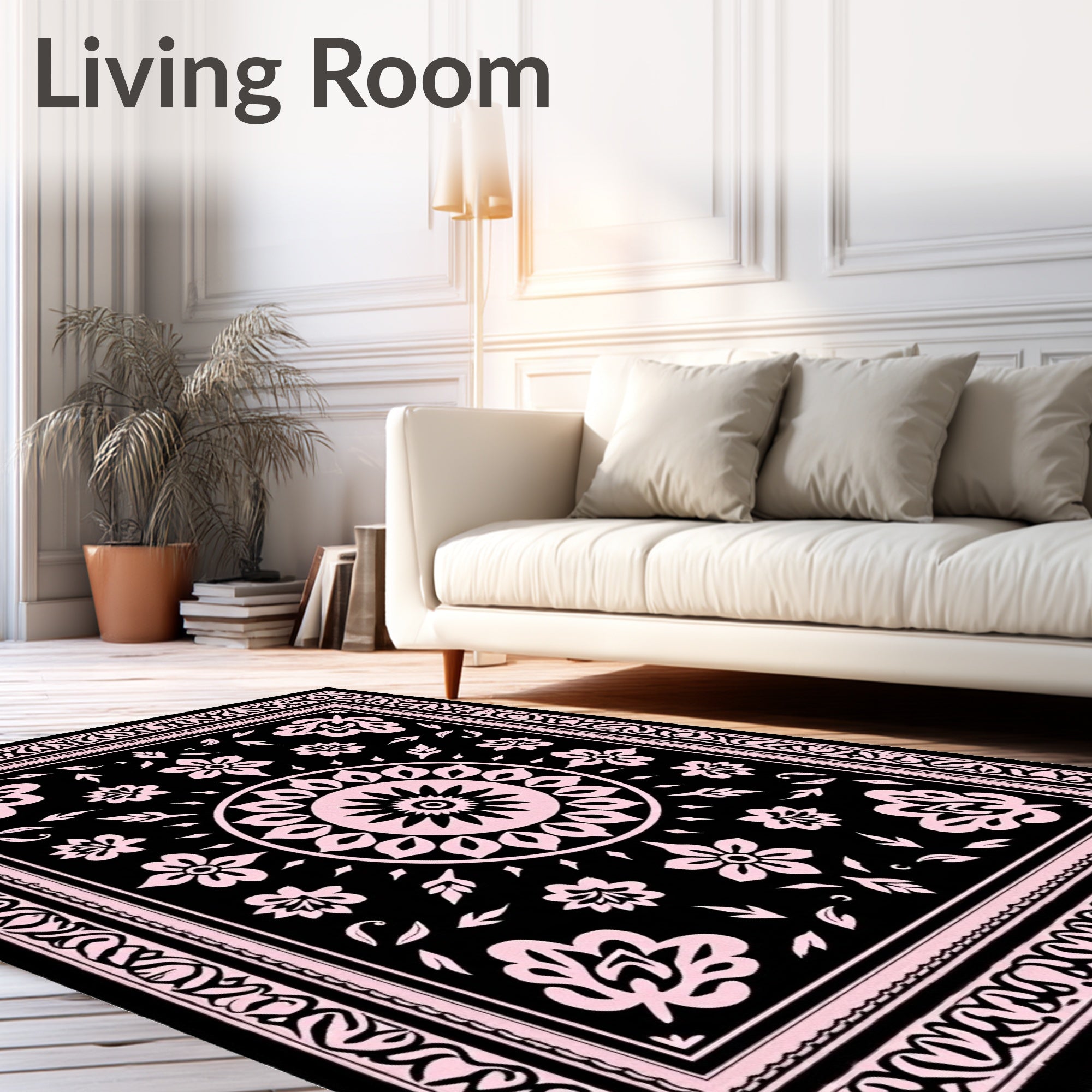 Black Blush Floral Medallion Border Rug