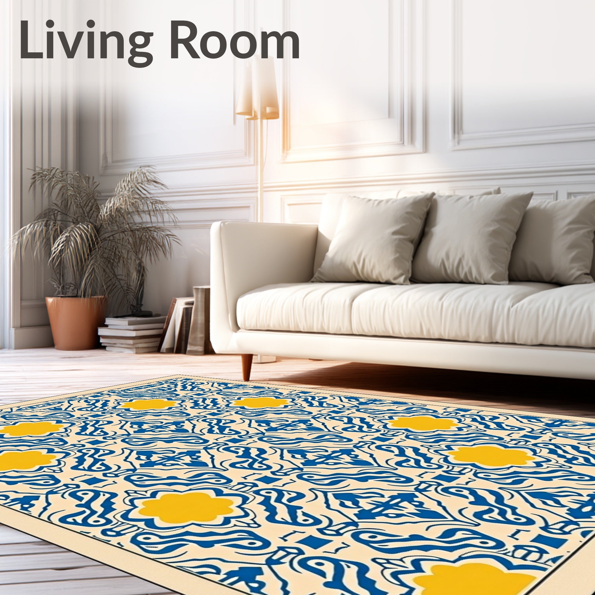 Blue Yellow Floral Medallion Geometric Design Rug