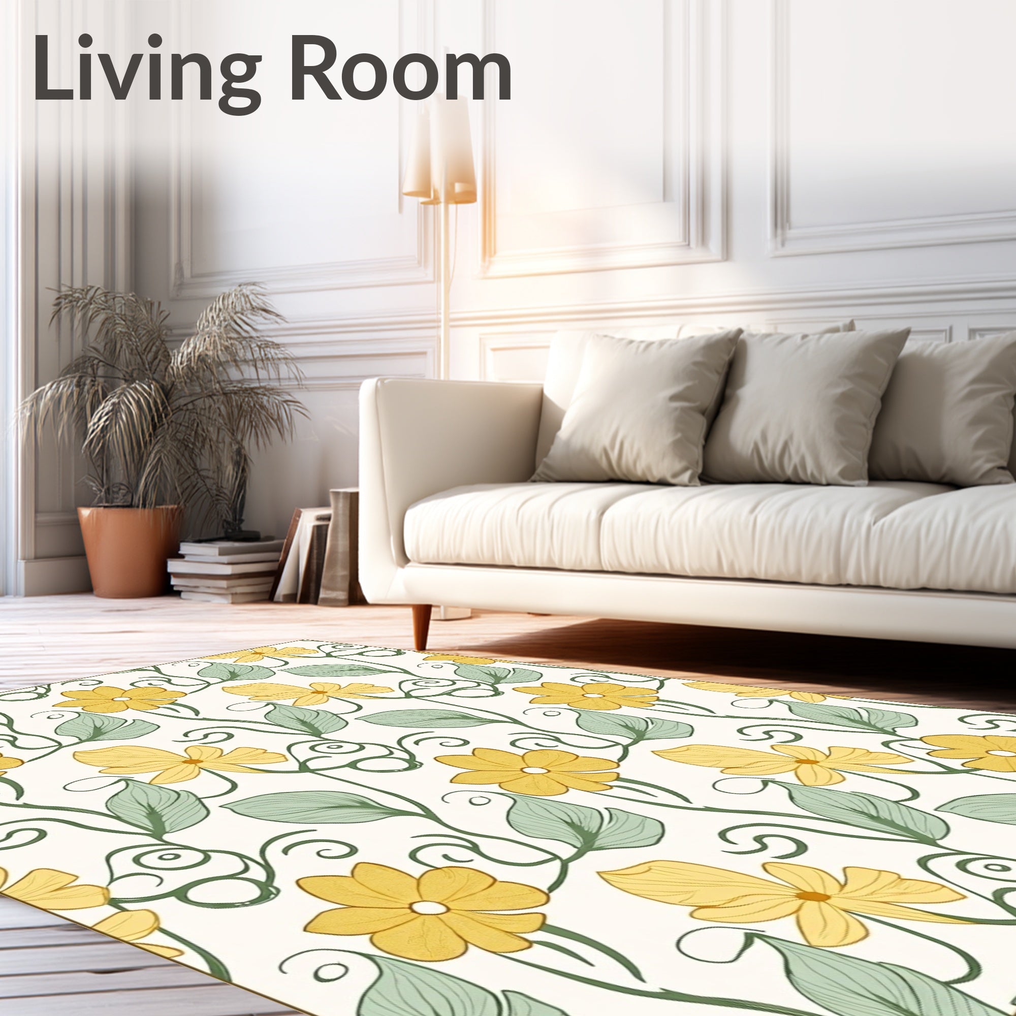 Golden Yellow Floral Vine Pattern Rug