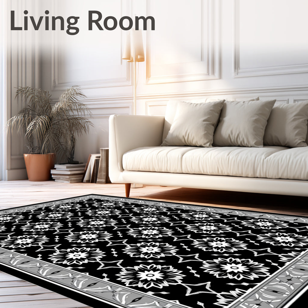 Striking Black White Floral Medallion Border Rug