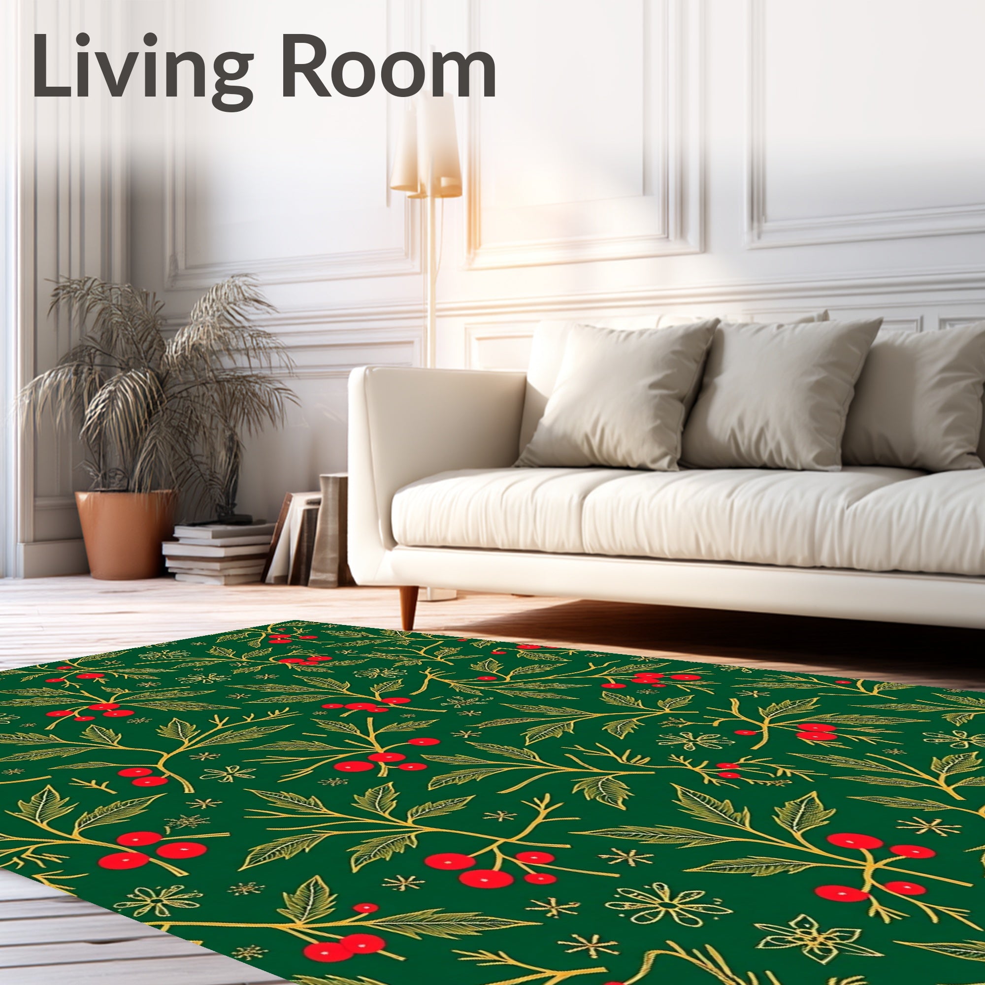 Green Red Berry Leaf Holly Sprigs Rug