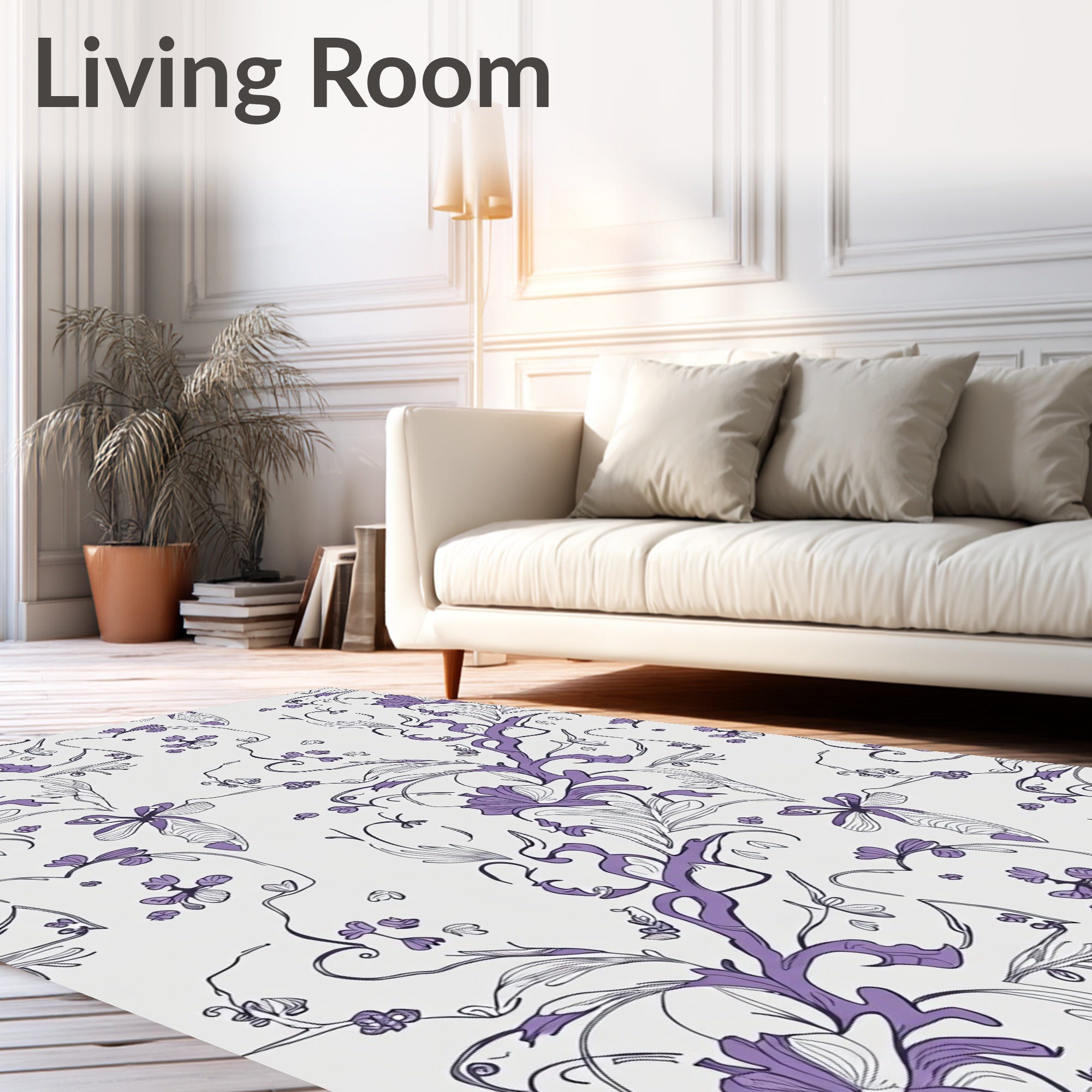 Elegant Purple Floral Line Drawing Rug
