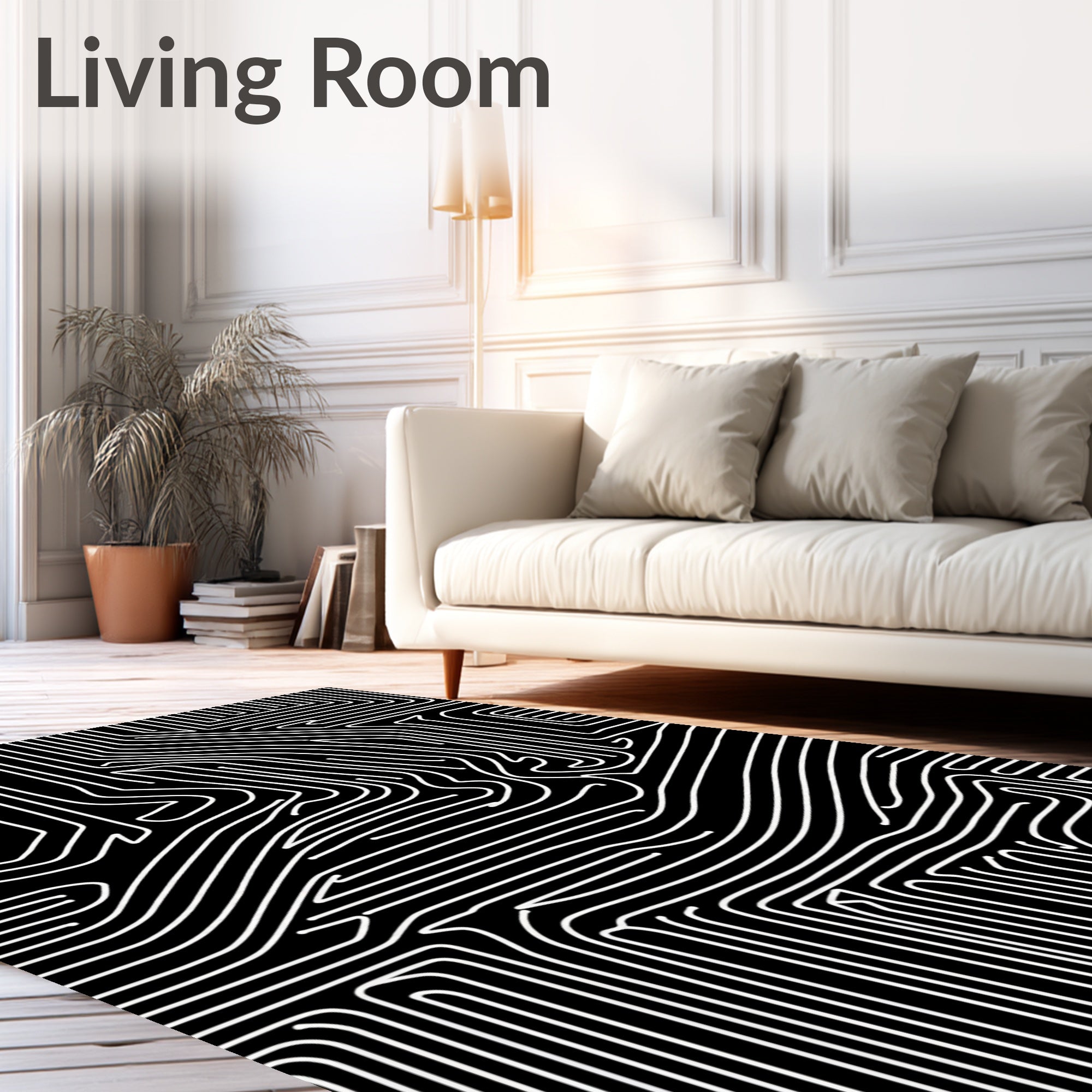 Abstract White Lines On Black Pattern Rug