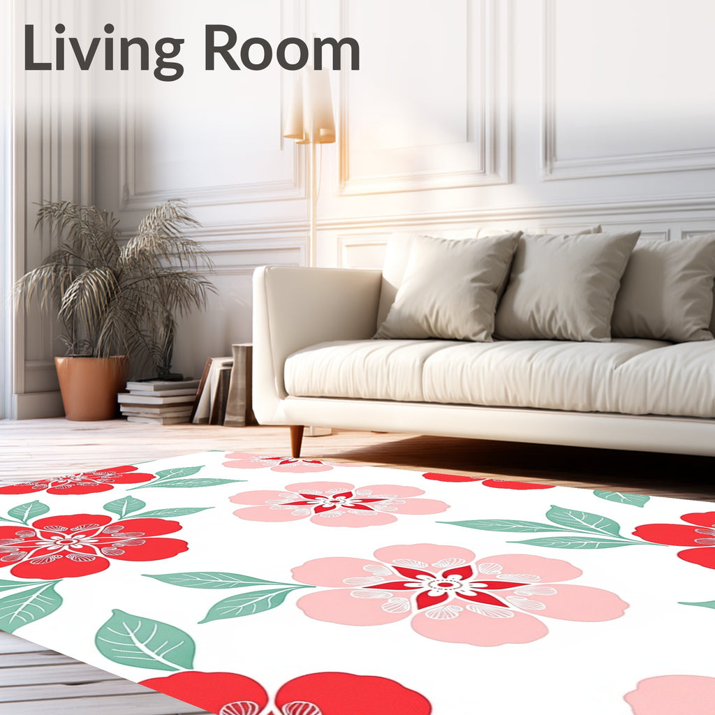Bold Red Pink Floral Leaf Pattern Rug