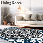 Intricate Mandala Patterned Navy and White Rug