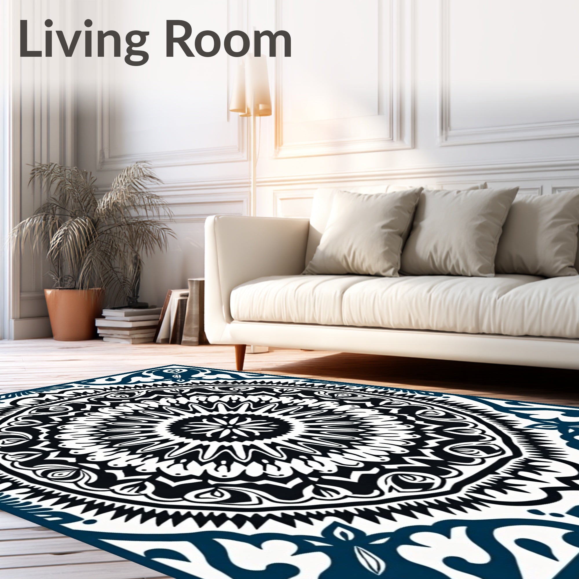 Intricate Mandala Patterned Navy and White Rug